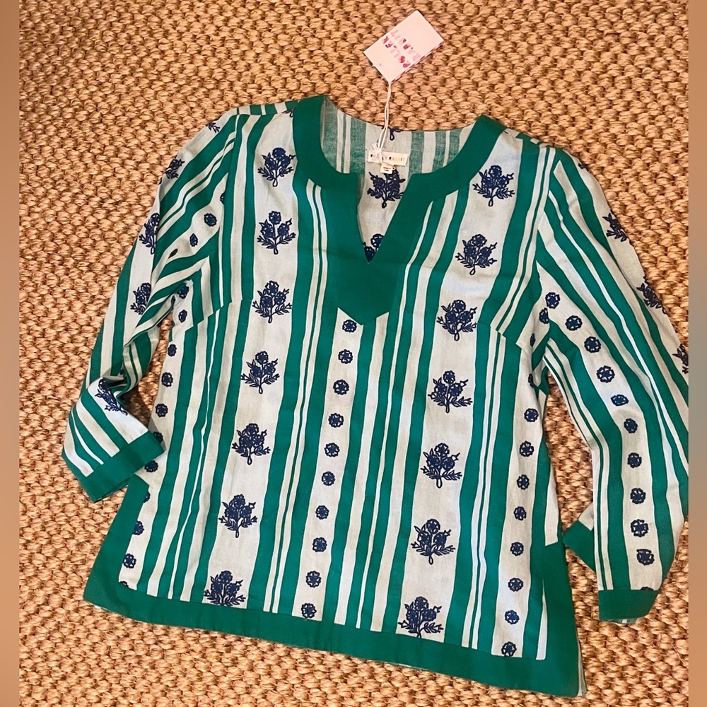 NWT Roller Rabbit Women's Tunic with Green and Blue Floral Stripes